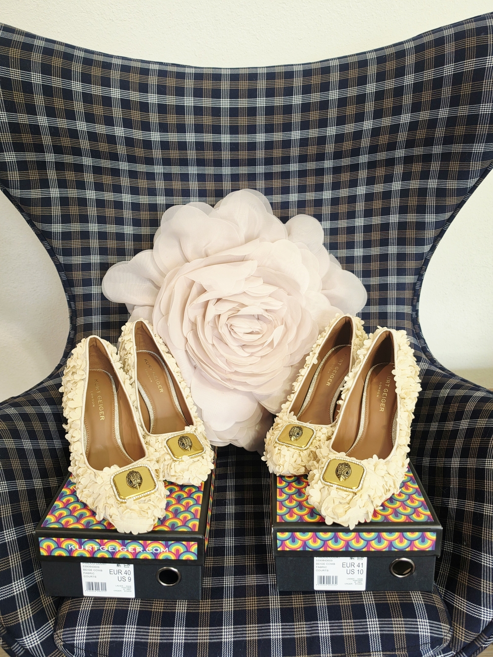 Kurt Geiger Cream Floral Applique Pumps with Gold Emblem